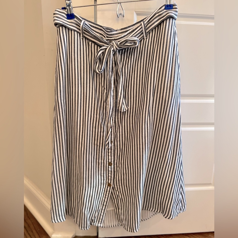 Striped button front midi skirt with tie belt